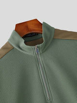 Men's Tactical Techwear Color-Block Half-Zip Stand Collar Waffle Knit Short Sleeve T-shirt SKUL73227