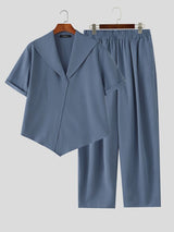 Men's Minimalist Resort Wide Collar Asymmetrical Hem Two Pieces Outfit SKUL74891