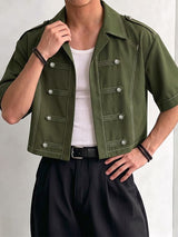 Men's Vintage Military Style Contrast Stitching Frogged Button Cropped Short Sleeve Shirt SKUL77316