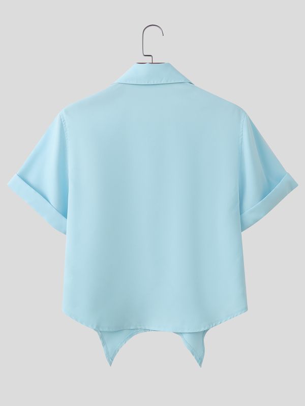 Men's Extra-Long Pointed Collar Asymmetrical Cropped Short Sleeve Shirt SKUL61699