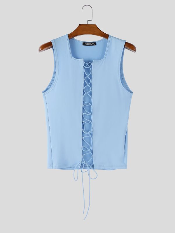 Men's Avant-Garde Full Lace-Up Front Slim Fit Square Neck Sleeveless Tank SKUL56532