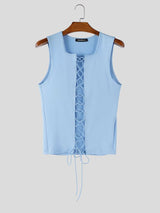 Men's Avant-Garde Full Lace-Up Front Slim Fit Square Neck Sleeveless Tank SKUL56532