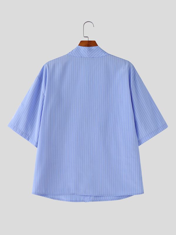 Men's 3D Black Rose Patch Pinstriped Overlap Shirt SKUL63258