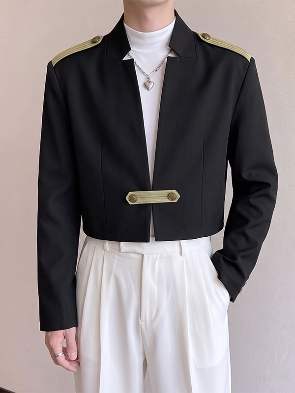 Men's Avant-Garde Deconstructed Stage Runway Epaulet Shoulder connected Metallic Button Cropped Blazer SKUL85222