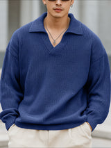 Men's Solid Color Knit Lapel Long Sleeve Sweater SKUL30274