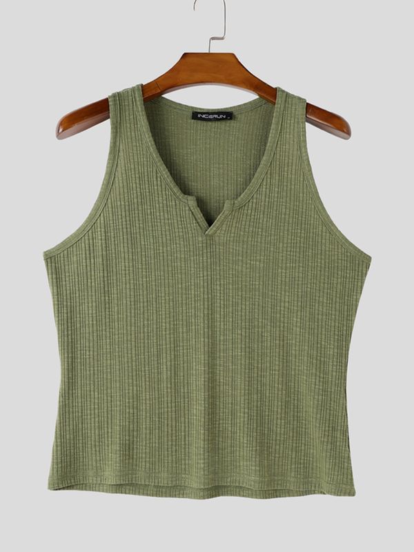 Men's Clean Casual Ribbed Knit Notch Neck Tank SKUL78135