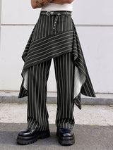 Men's Avant-Garde Asymmetric Pinstripe Skirted Layered Wide-Leg Pant SKUL65878