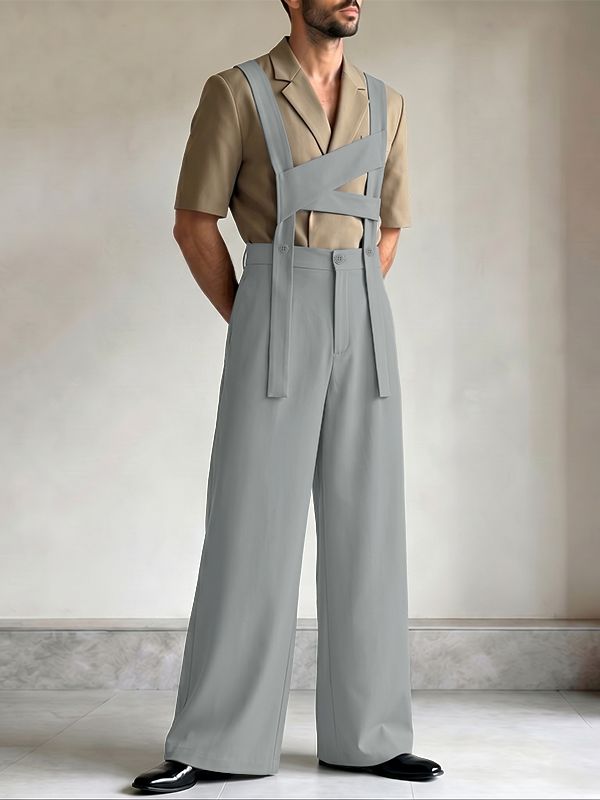 Men's Avant-Garde Deconstructed Cross-Strap High-Waist Wide-Leg Jumpsuit SKUL73615