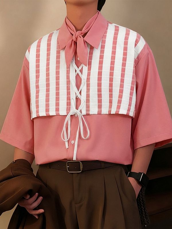 Men's Minimalist Faux Two Piece Patchwork Half Sleeve Shirt SKUL51798