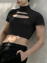 Men's Streetwear Slim Fit Chest Cut Out Mock Neck Cropped T-shirt SKUL51882