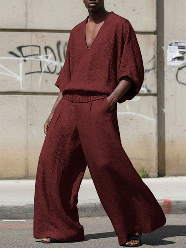 Men's Solid Color Textured V Neck Two Pieces Outfit SKUL54000