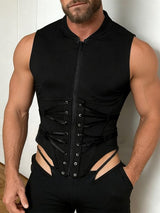Men's Avant-Garde Deconstructed Corset-Lacing Zippered Utility Tank SKUL69065