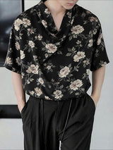 Men's Floral Print Draped Cowl Neck Relaxed Fit Short Sleeve Shirt SKUL61180