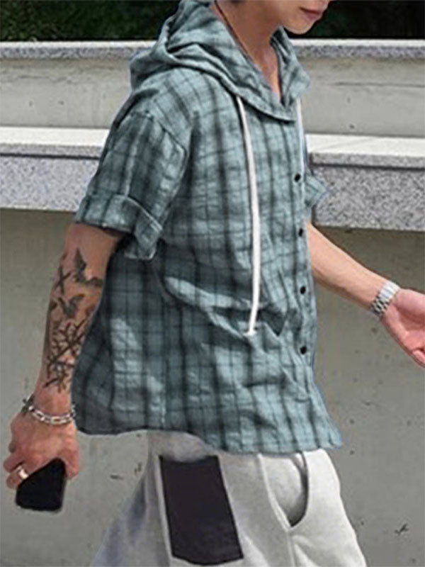 Mens Plaid Hooded Short Sleeve Shirt SKUL21113