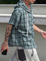 Mens Plaid Hooded Short Sleeve Shirt SKUL21113