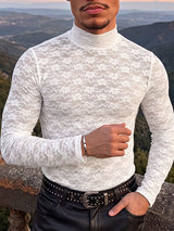 Men's Sexy Clubwear Sheer Floral Lace Muscle Form-Fitting Long Sleeve Mock Neck T-shirt SKUL83129
