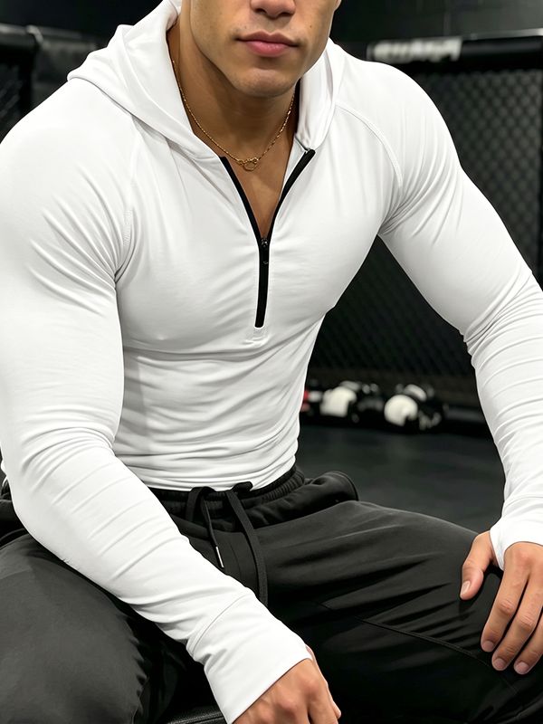 Men's Muscle Bodybuilding Gym Workout Deep Zipper Neck Form-Fitting Hoodie SKUL84617
