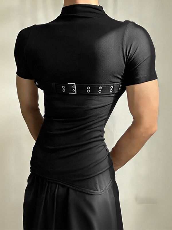 Men's Avant Garde Darkwear Harness Strap Asymmetrical Mock Neck Short Sleeve T-shirt SKUL64161