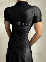 Men's Avant Garde Darkwear Harness Strap Asymmetrical Mock Neck Short Sleeve T-shirt SKUL64161