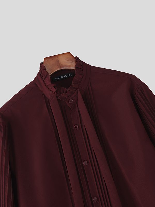 Men's Solid Color Ribbon Pleated Ruffle Long Sleeve Shirt SKUL43737
