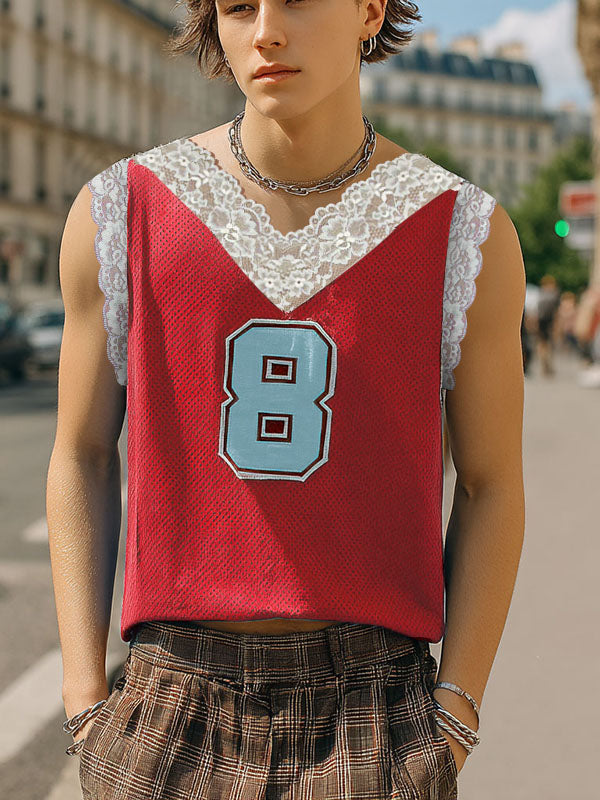 Men's Lace Patchwork Number Print Tank SKUL20288