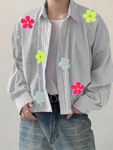 Mens 3D Floral Patchwork Striped Long Sleeve Shirt SKUL12496