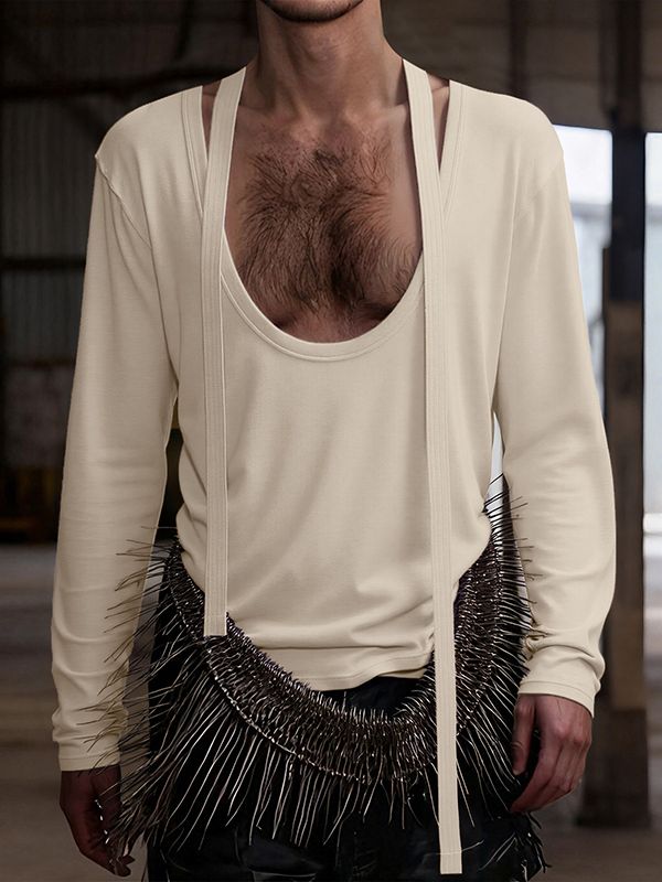 Men's Ribbon Patchwork Padded Shoulder Long Sleeve T-shirt SKUL42447