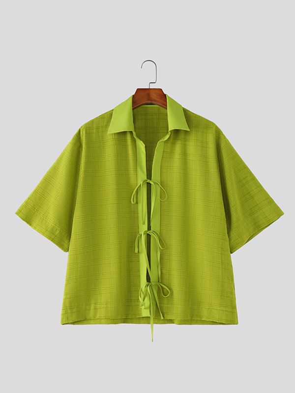 Men's Avant-Garde Lace-Up Front Cropped Windowpane Grid Short Sleeve Shirt SKUL63062