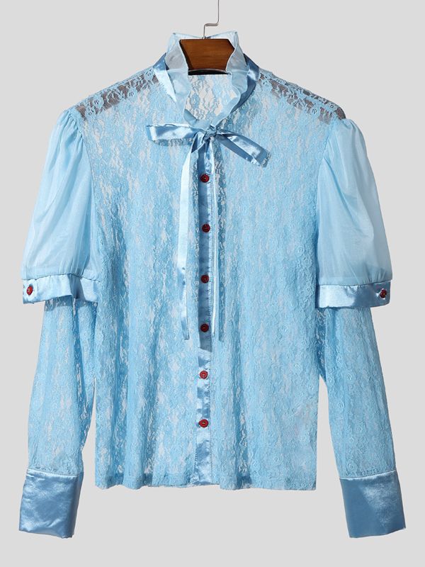 Men's Sheer Lace Puff Sleeve Shirt SKUL39007