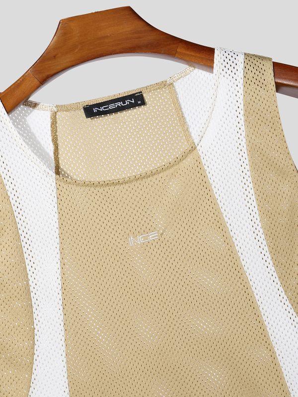Men's Athletic Workout Contrast Color Breathable Mesh Crew Neck Fit Tank SKUL73593