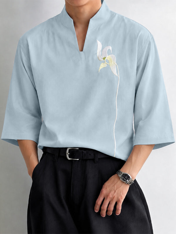 [Pre-order] Men's Neo-Chinese Chic Tea Gathering Botanical Branch Half Sleeve Shirt SKUL88415
