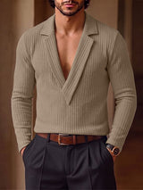 Men's Smart-Casual Ribbed Knit Plunging V-Neck Lapel Long Sleeve Shirt SKUL78979