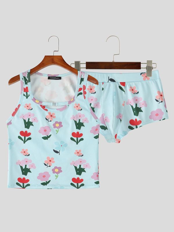 Men's Avant-Garde Dopamine Floral Print Deconstructed Metal Buckle Two Pieces Outfit SKUL69539