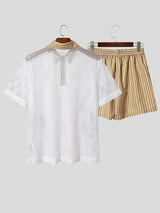 Men's Vintage Casual Stripe Contrast Mesh Two Pieces Outfit SKUL70356