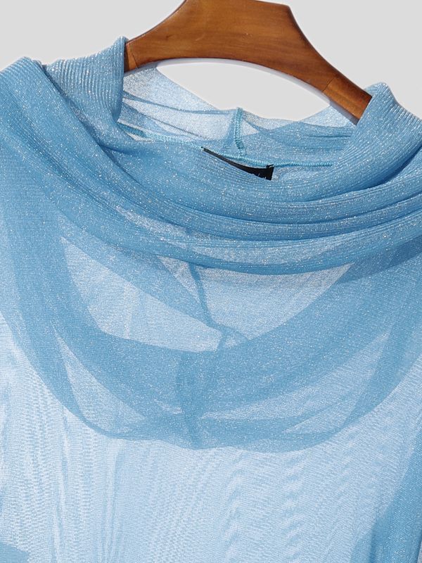 Men's Shimmer Sheer Mesh Hooded Long Sleeve T-shirt SKUL40330