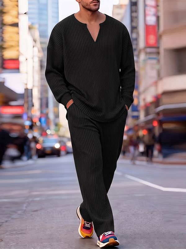 Men's Clean Fit Quiet Luxury Ribbed Knit Texture Split V-Neck Two Pieces Outfit SKUL83950