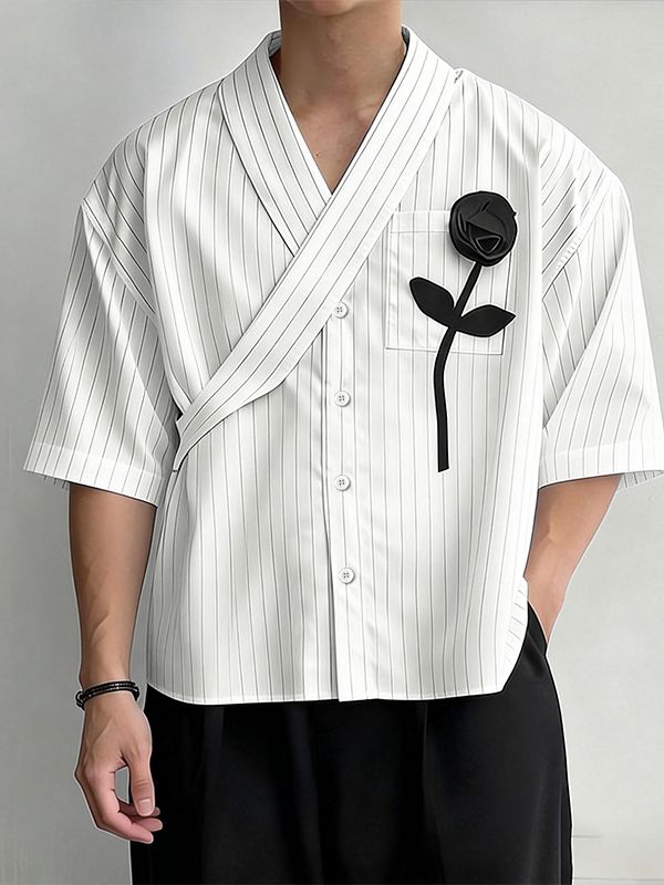 Men's 3D Black Rose Patch Pinstriped Overlap Shirt SKUL63258
