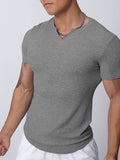 Mens Solid Ribbed Notched Neck T-Shirt SKUK09563