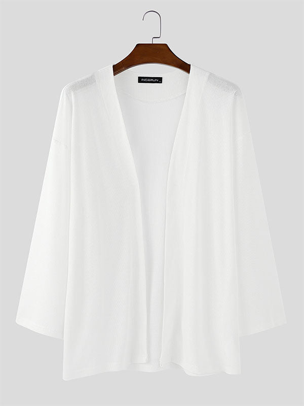 Men's Solid Color Textured 3/4 Length Sleeve Cardigan SKUL25829