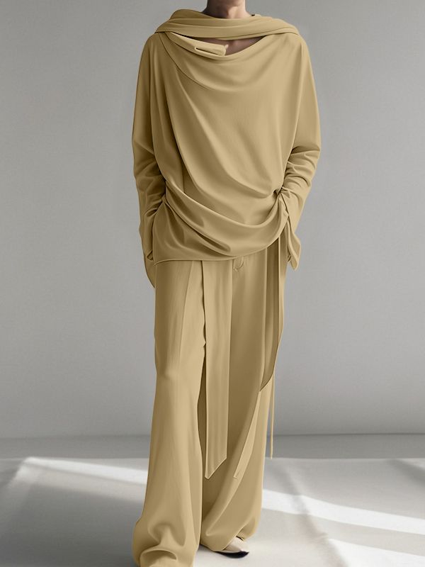 Men's Solid Color Ribbon Cowl Neck Two Pieces Outfit SKUL41313