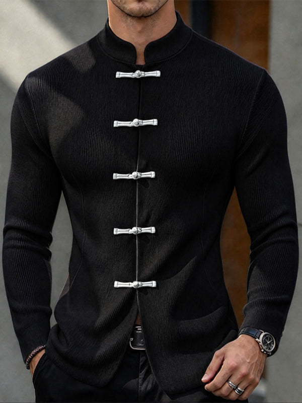 [Pre-order] Men's Neo-Chinese Chic Evening Date Contrast Frog Button Ribbed Long Sleeve T-shirt SKUL88537