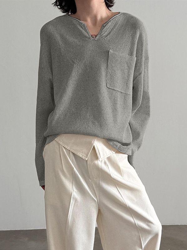 Men's Textured Knit V Neck Long Sleeve T-Shirt SKUL32962