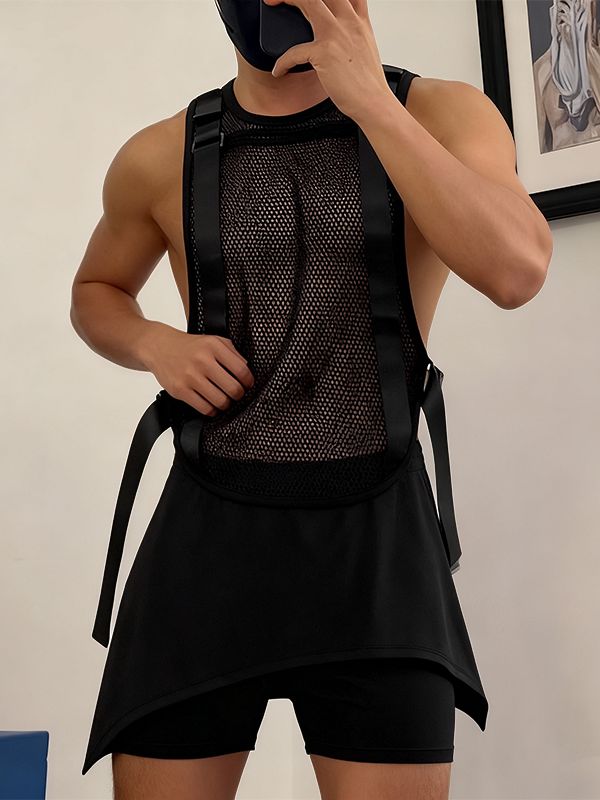 Men's Deconstructed Buckle Strap Patchwork Mesh Two Pieces Outfit SKUL42811