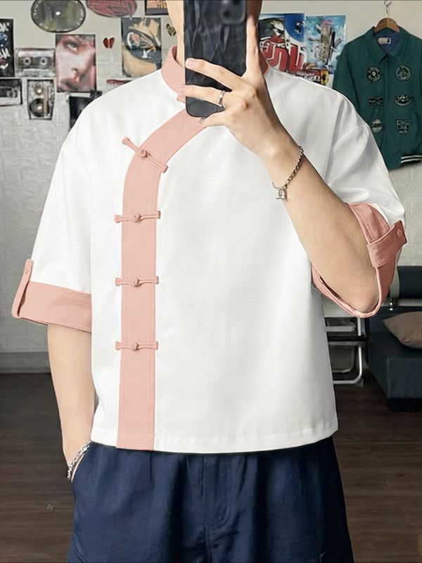 Men's New Chinese Style Asymmetrical Contrast Frog Button Shirt SKUL62068