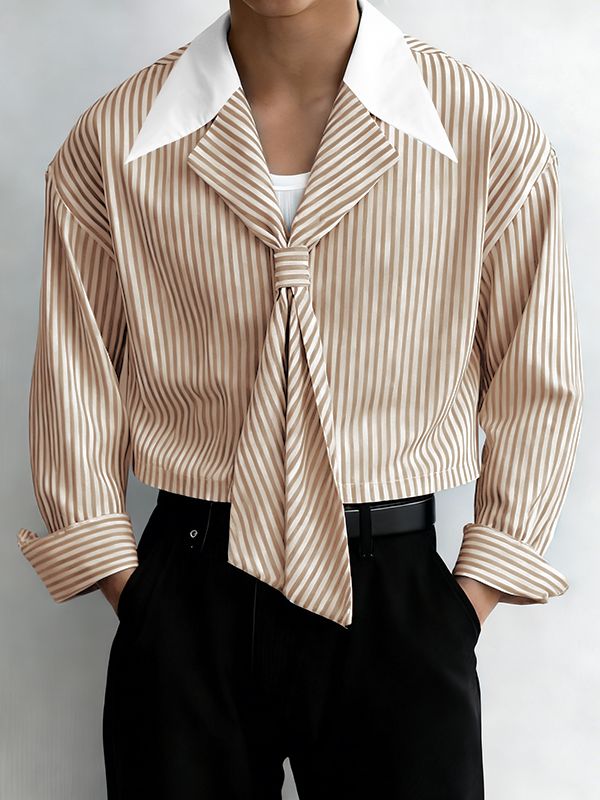 Men's Striped Contrast Color Lapel Long Sleeve Shirt SKUL45172