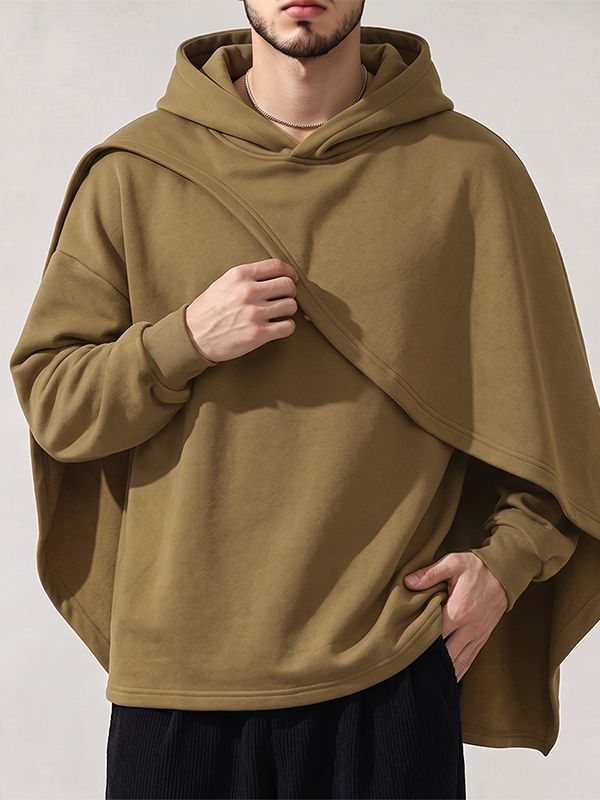 Men's Urban Casual Asymmetric Cape Overlay Drop Shoulder Long Sleeve Hooded Collar Hoodie SKUL82467