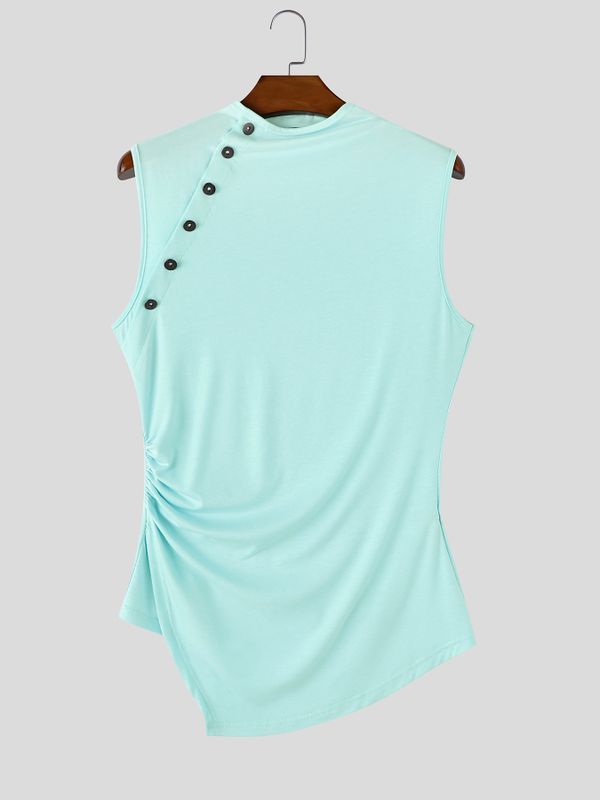 Men's Avant-Garde Asymmetric Slant Button High Neck Crinkled Ruched Tank SKUL67997