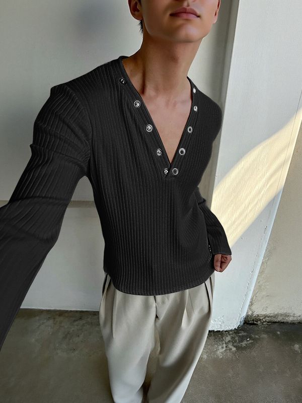 Men's Solid Color Textured Long Sleeve T-Shirt SKUL37696