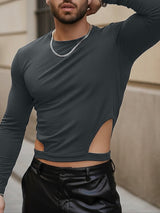 Men's Solid Color Side Cutout Long Sleeve T-shirt SKUL46515