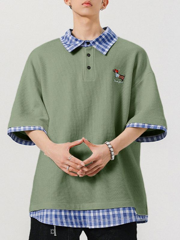 Men's Vintage Preppy Faux Twinset Contrast Plaid Collar Cute Animal Embroidered Polo Shirt SKUL68994